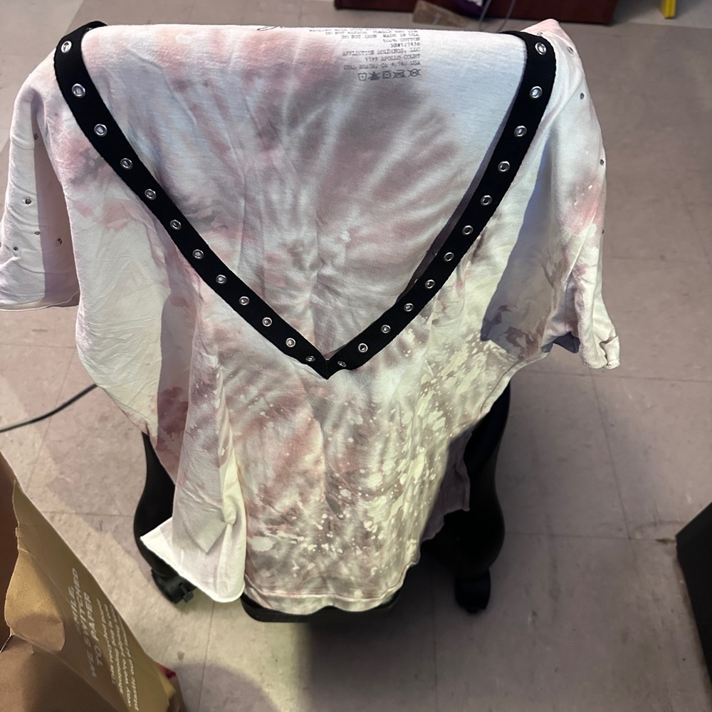 Affliction Pink and White Tie-Dye V-Neck Top with Studded Trim